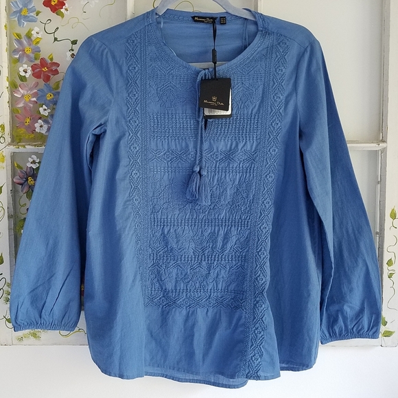 NWT Massimo Dutti Boho Long Sleeve  Shirt Embroidered Tassel Size XS 100%cotton - Picture 1 of 8